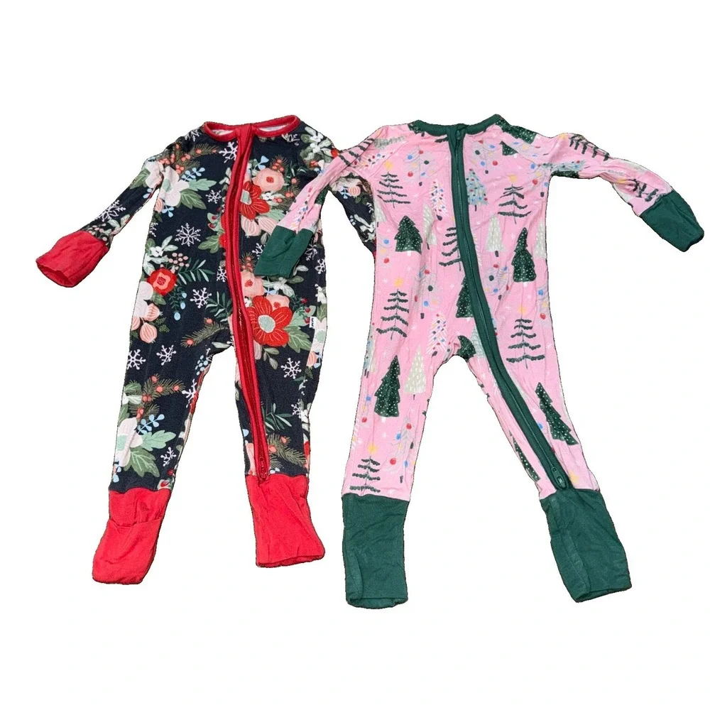 Little Sleepies 0-3M Bamboo Zippy Sleeper Christmas Poinsettia Tree Pink Bundle
